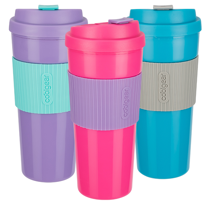 COOLGEAR 3-Pack 19 oz Eco 2 Go Coffee Mug with Protective Removable Band | Dishwasher Safe, Spillproof, Double-Wall Insulated Travel Mug for Coffee, Tea, and More | Blue/Pink/Purple