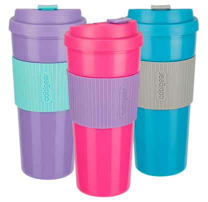 COOLGEAR 3-Pack 19 oz Eco 2 Go Coffee Mug with Protective Removable Band | Dishwasher Safe, Spillproof, Double-Wall Insulated Travel Mug for Coffee, Tea, and More | Blue/Pink/Purple