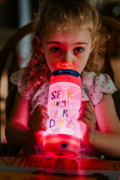 Cool Gear 2-Pack 16 oz Pop Lights Water Bottles | Light Up & Designed Travel Cup for Kids, Outdoors, Gifts - Sunglasses/ Seek Magic