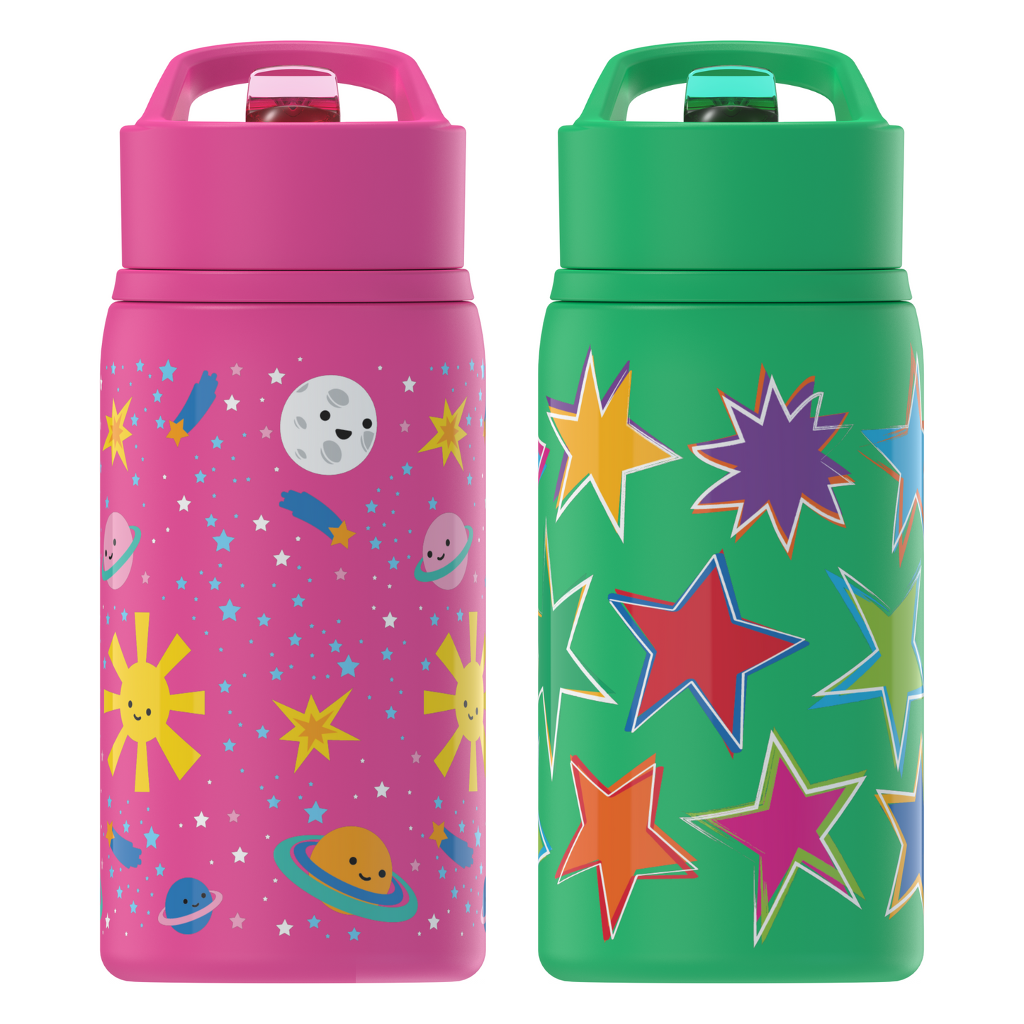 Cool Gear 2-Pack 18 oz Mashpee Kids Stainless Steel Water Bottle With Sipper Straw & Carrying Loop | Eco-Friendly, Wide Mouth, Leakproof for Kids, School, Gifts