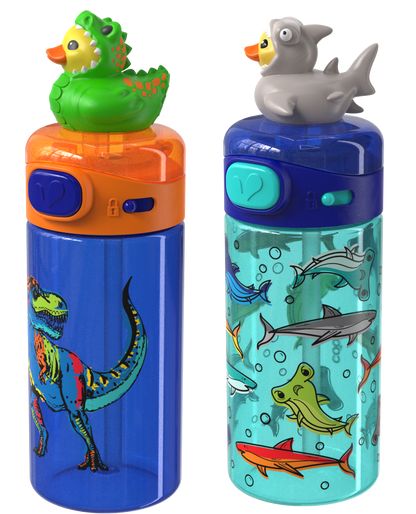 COOL GEAR 2-Pack 20 ozPop Topper Tumbler with Straw, Mix-and-Match Character Topper, BPA Free Reusable Cup