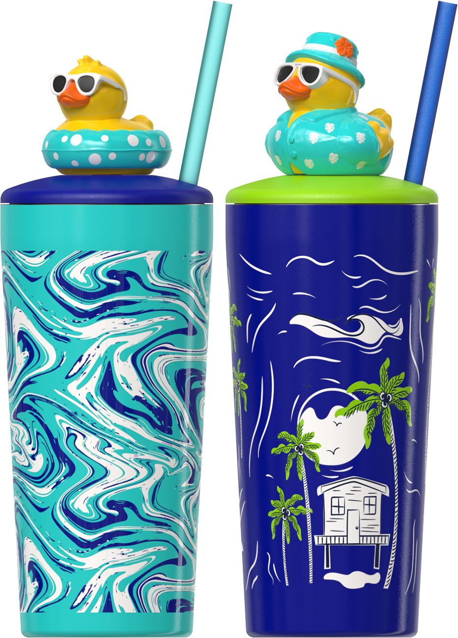 COOL GEAR Pop 2-Pack 16 oz and 20oz Topper Stainless Steel Tumbler with Straw, Interchangeable Character Topper, BPA-Free Reusable Insulated Cup, Leak-Resistant Lid, 2 Pack