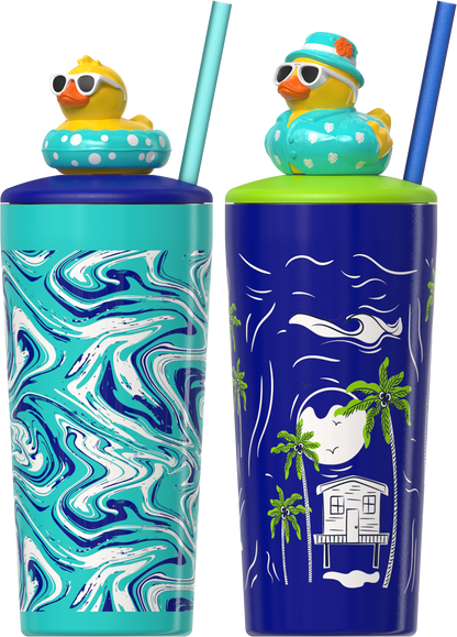 COOL GEAR Pop 2-Pack 16 oz and 20oz Topper Stainless Steel Tumbler with Straw, Interchangeable Character Topper, BPA-Free Reusable Insulated Cup, Leak-Resistant Lid, 2 Pack