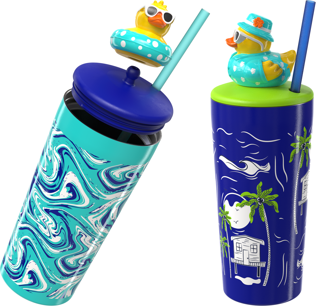 COOL GEAR Pop 2-Pack 16 oz and 20oz Topper Stainless Steel Tumbler with Straw, Interchangeable Character Topper, BPA-Free Reusable Insulated Cup, Leak-Resistant Lid, 2 Pack