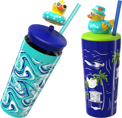COOL GEAR Pop 2-Pack 16 oz and 20oz Topper Stainless Steel Tumbler with Straw, Interchangeable Character Topper, BPA-Free Reusable Insulated Cup, Leak-Resistant Lid, 2 Pack