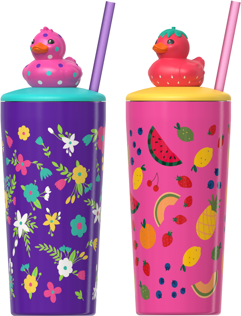 COOL GEAR Pop 2-Pack 16 oz and 20oz Topper Stainless Steel Tumbler with Straw, Interchangeable Character Topper, BPA-Free Reusable Insulated Cup, Leak-Resistant Lid, 2 Pack