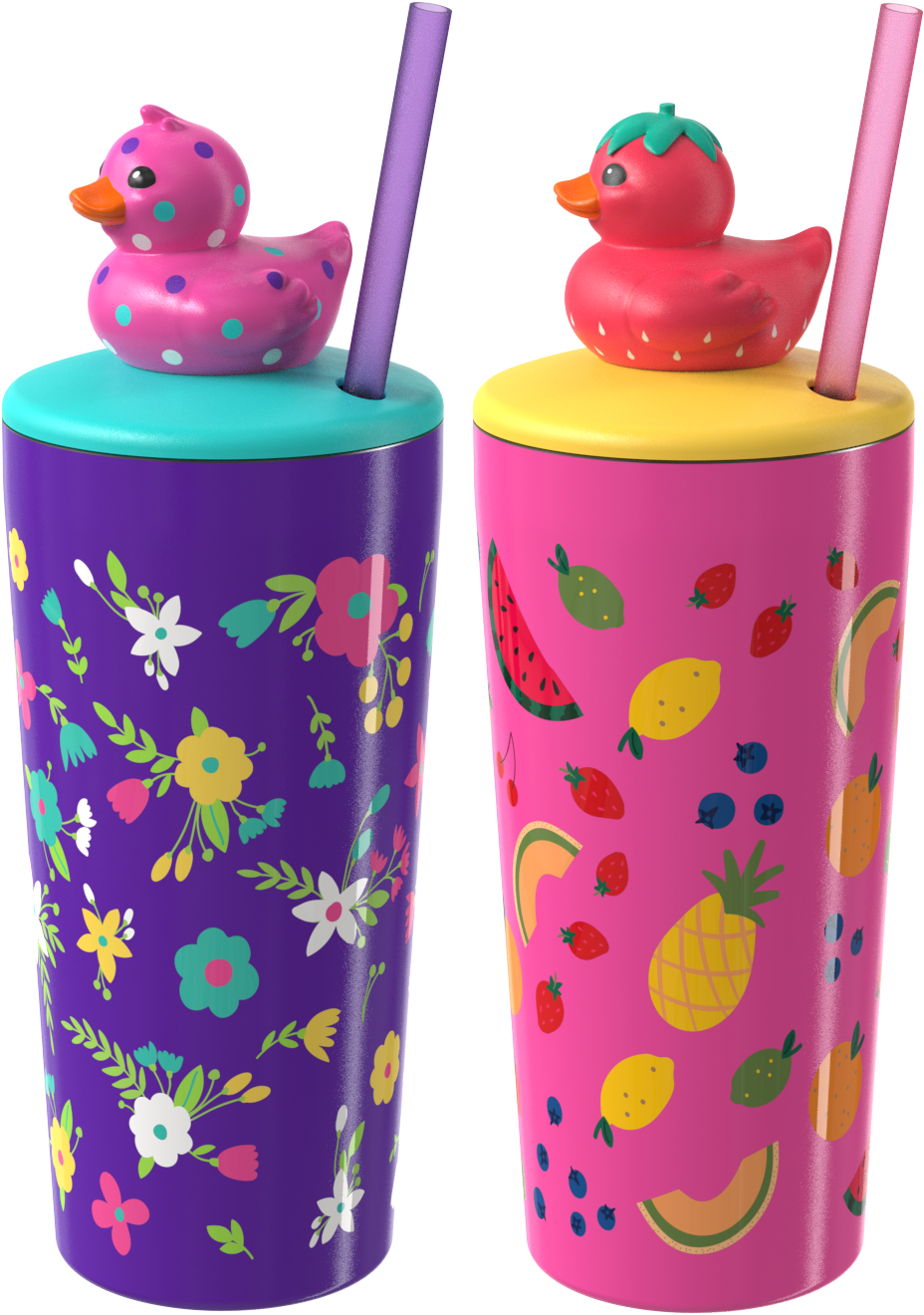 COOL GEAR Pop 2-Pack 16 oz and 20oz Topper Stainless Steel Tumbler with Straw, Interchangeable Character Topper, BPA-Free Reusable Insulated Cup, Leak-Resistant Lid, 2 Pack
