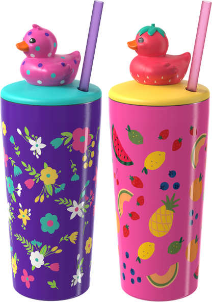 COOL GEAR Pop 2-Pack 16 oz and 20oz Topper Stainless Steel Tumbler with Straw, Interchangeable Character Topper, BPA-Free Reusable Insulated Cup, Leak-Resistant Lid, 2 Pack
