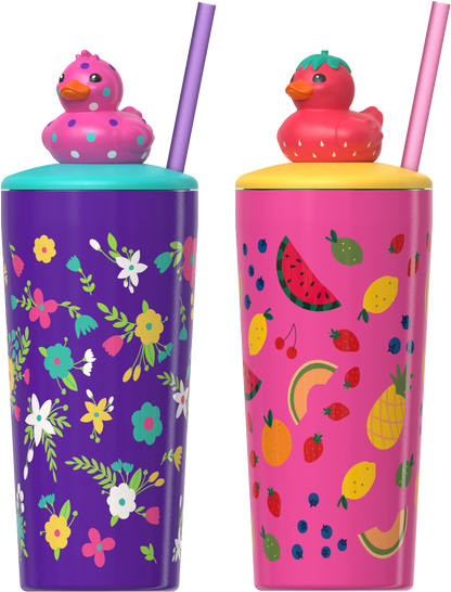 COOL GEAR Pop 2-Pack 16 oz and 20oz Topper Stainless Steel Tumbler with Straw, Interchangeable Character Topper, BPA-Free Reusable Insulated Cup, Leak-Resistant Lid, 2 Pack