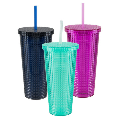 Cool Gear 3-Pack 23 oz Jem Chiller with Reusable Straw | Dishwasher Safe, Spillproof, Double-Wall Insulated Travel Tumbler | Trendy, Textured Design - Variety Pack