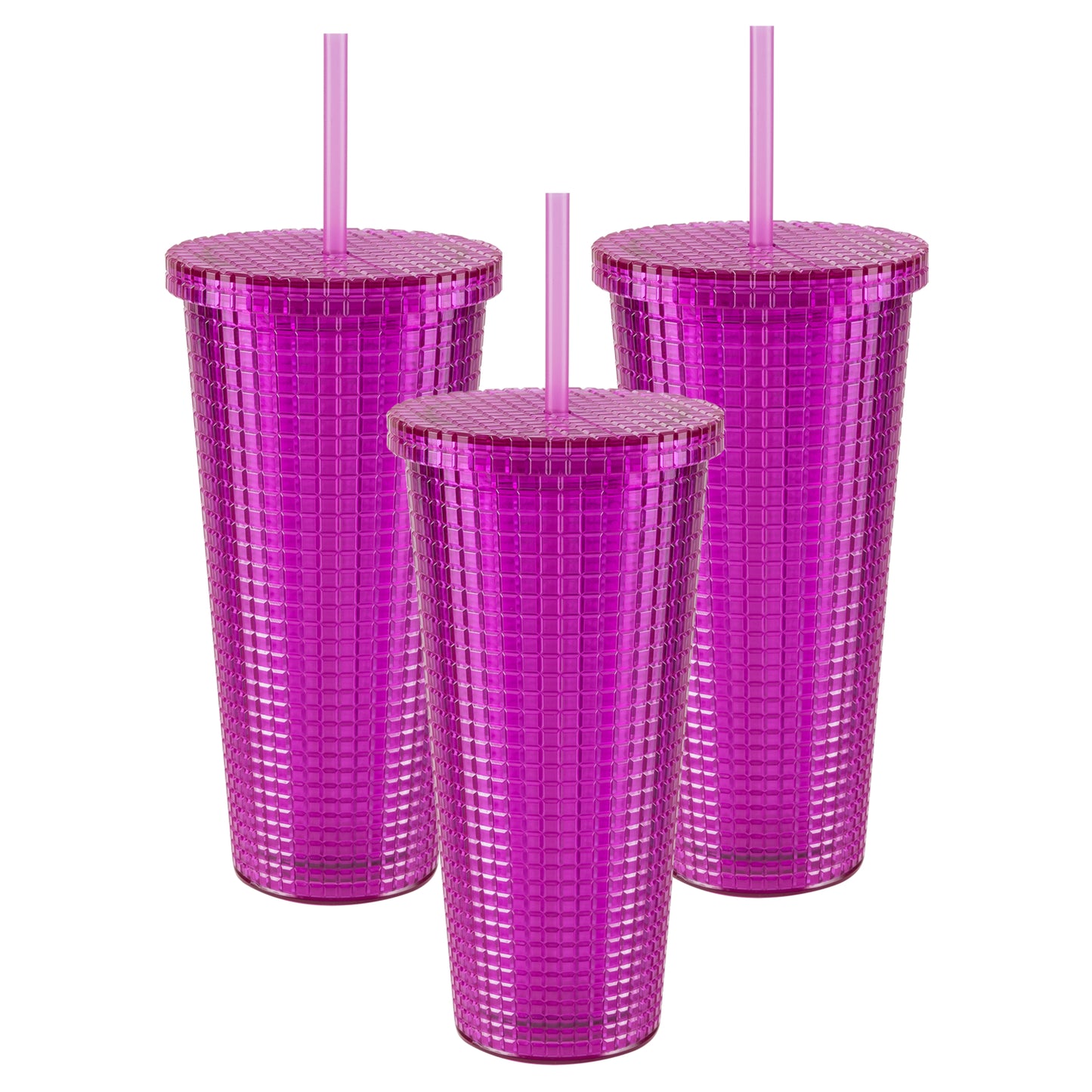 Cool Gear 3-Pack 23 oz Jem Chiller with Reusable Straw | Dishwasher Safe, Spillproof, Double-Wall Insulated Travel Tumbler | Trendy, Textured Design - Plum Pack