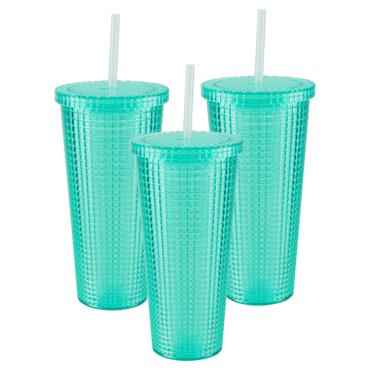 Cool Gear 3-Pack 23 oz Jem Chiller with Reusable Straw | Dishwasher Safe, Spillproof, Double-Wall Insulated Travel Tumbler | Trendy, Textured Design - Green Tea Pack