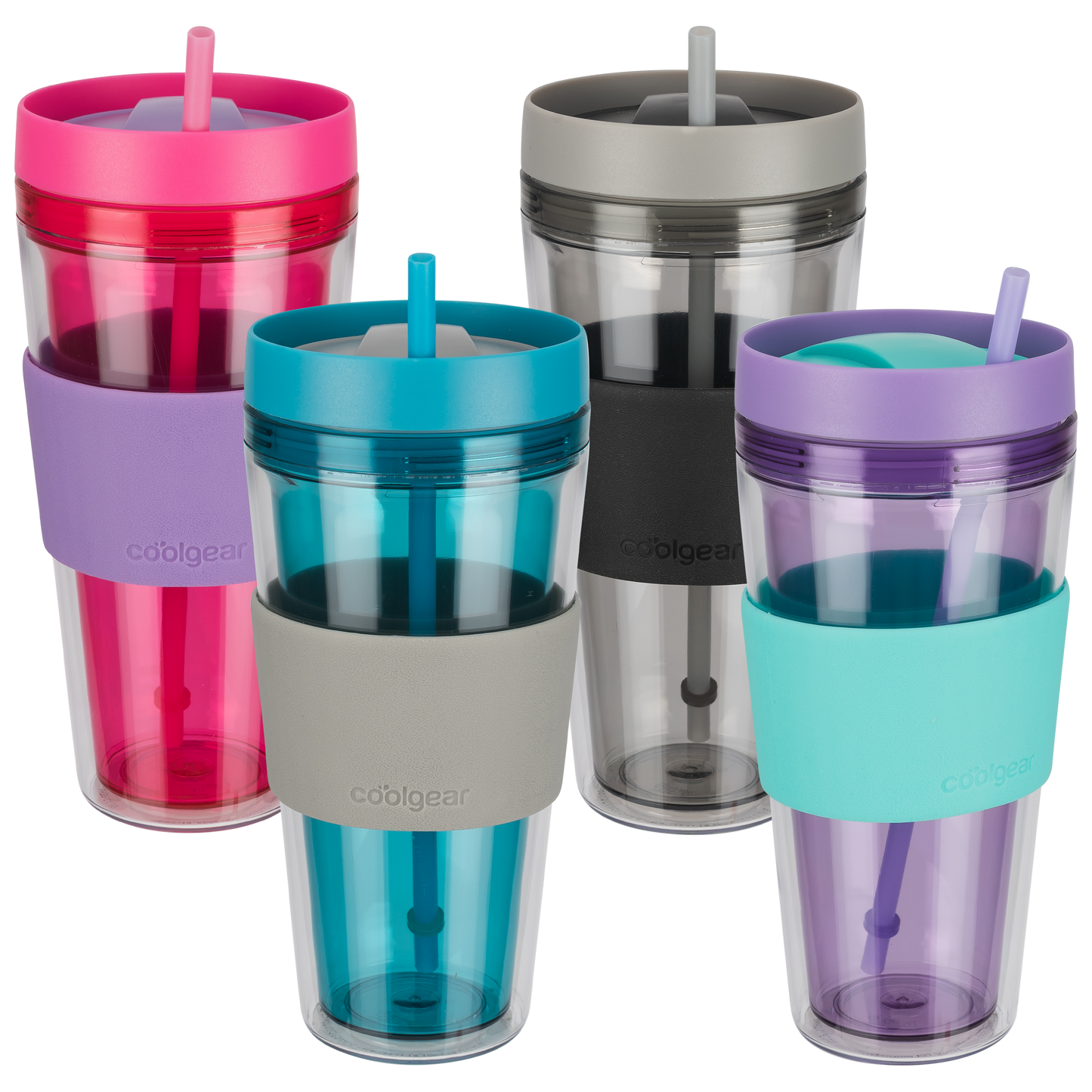 4 Pack COOL GEAR 24 oz Callisto Clear Chiller with Straw and Band | Dual Function Closure Colored Re-Usable Tumbler Water Bottle