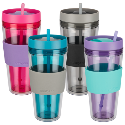 4 Pack COOL GEAR 24 oz Callisto Clear Chiller with Straw and Band | Dual Function Closure Colored Re-Usable Tumbler Water Bottle