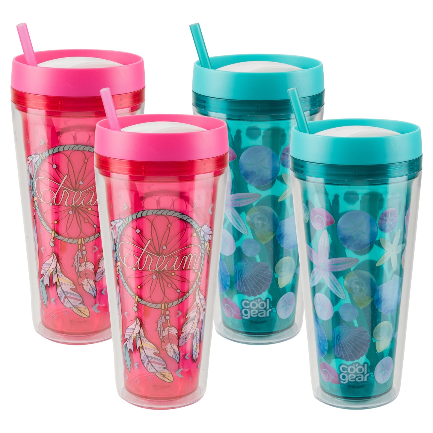 4 Pack COOL GEAR 24 oz Callisto Printed Chiller with Straw | Dual Function Closure Printed Re-Usable Tumbler Water Bottle
