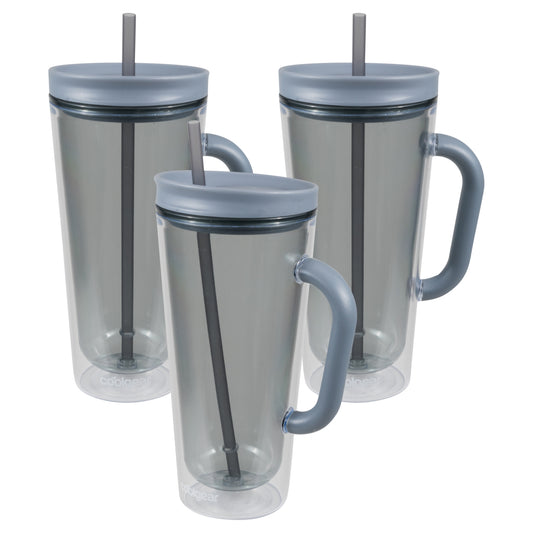 COOL GEAR 3-Pack 26 oz Spritz Tumbler with Straw and Handle | Pressure Fit Lid, Colored Re-Usable Tumbler Water Bottle with Straw and Handle - Cool Grey Pack