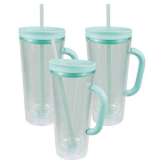 COOL GEAR 3-Pack 26 oz Spritz Tumbler with Straw and Handle | Pressure Fit Lid, Colored Re-Usable Tumbler Water Bottle with Straw and Handle - Green Tea Pack