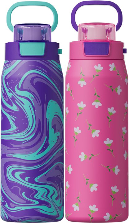 COOL GEAR 2-pack 24 oz Strive Stainless Steel Water Bottle, Reusable Bottle with Handle, BPA Free for Cold Beverages