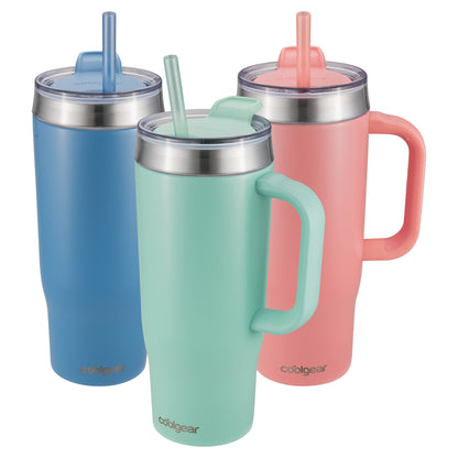 Cool Gear 3-Pack 26 oz Quest Tumblers | Cup Holder-Friendly, Double-Insulated, Dishwasher Safe | Keeps Drinks Cold For 32 Hours | Handle For On-The-Go