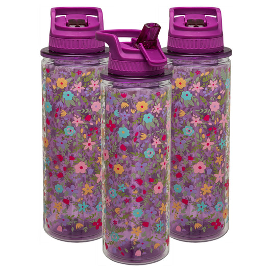 COOL GEAR 3-Pack 32 oz Essence Sipper Water Bottle with Wide Mouth & Flip Up Design | Double-Wall Insulation and Carry Loop For Easy On-The-Go Use - Floral Pack