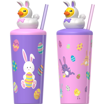 COOL GEAR 2-Pack 18 ozPop Topper Tumbler with Straw, Mix-and-Match Character Topper, BPA Free Reusable Cup - EASTER DUCKIE