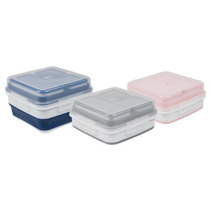 COOL GEAR 3-Pack Expandable Bento Containers | Great For Salad, Lunch, Snacks, Travel, and More | Dishwasher & Microwave Safe | 4 Compartments With Lids