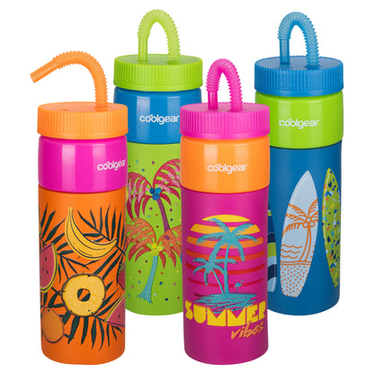 Cool Gear 24oz Go Grip! Plastic Retro Squishy Water Bottle | Cute Printed Design, Foam Grip, Resealable Bendy Straw | Dishwasher Safe - Summer Drinkware for Kids, Adults, Gifts and More
