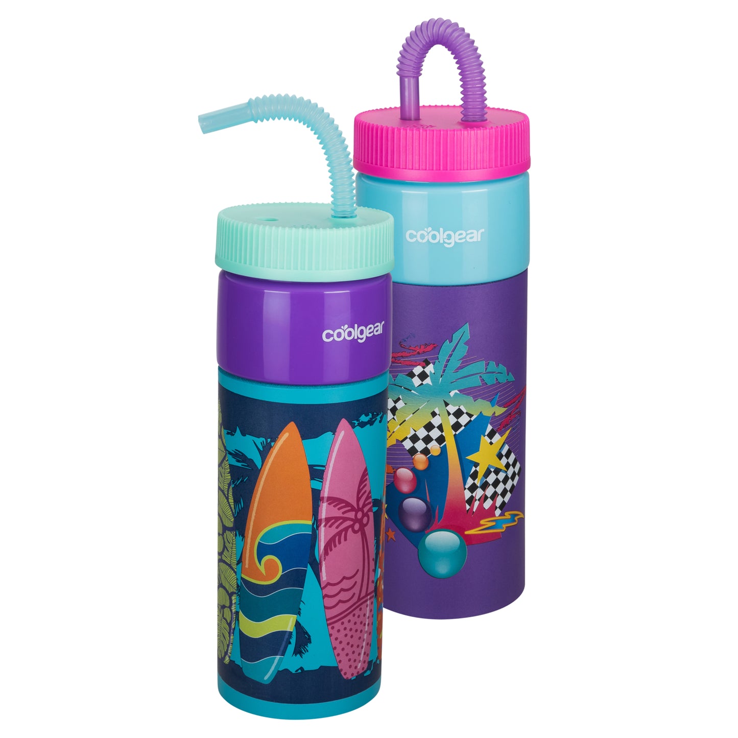 Cool Gear 24oz Go Grip! Plastic Retro Squishy Water Bottle | Cute Printed Design, Foam Grip, Resealable Bendy Straw | Dishwasher Safe - Summer Drinkware for Kids, Adults, Gifts and More