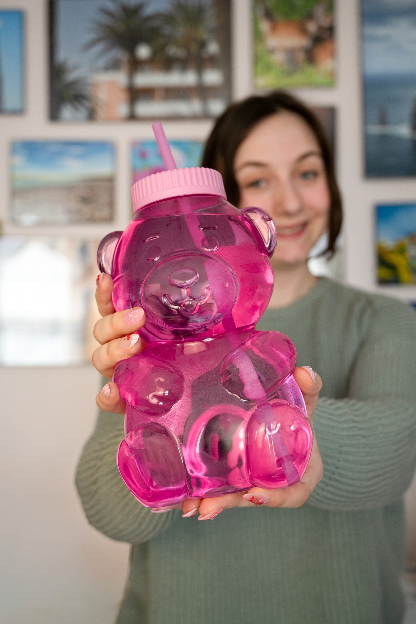 COOL GEAR 64 oz Yummy Bear Water Bottle, Reusable Bottle with Straw Lid, BPA Free