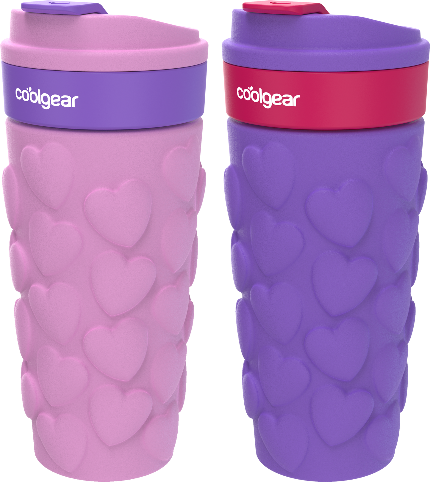 COOL GEAR 2-Pack 20oz Go Grip Coffee Mug, Heart and Gummy Bear Pattern Reusable Travel Mug, BPA Free Lid, Hot and Cold Beverages