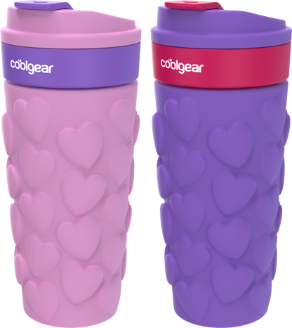 COOL GEAR 2-Pack 20oz Go Grip Coffee Mug, Heart and Gummy Bear Pattern Reusable Travel Mug, BPA Free Lid, Hot and Cold Beverages