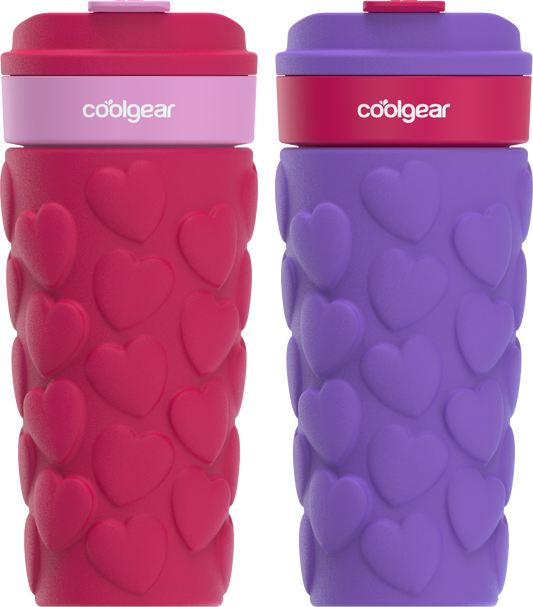 COOL GEAR 2-Pack 20oz Go Grip Coffee Mug, Heart and Gummy Bear Pattern Reusable Travel Mug, BPA Free Lid, Hot and Cold Beverages
