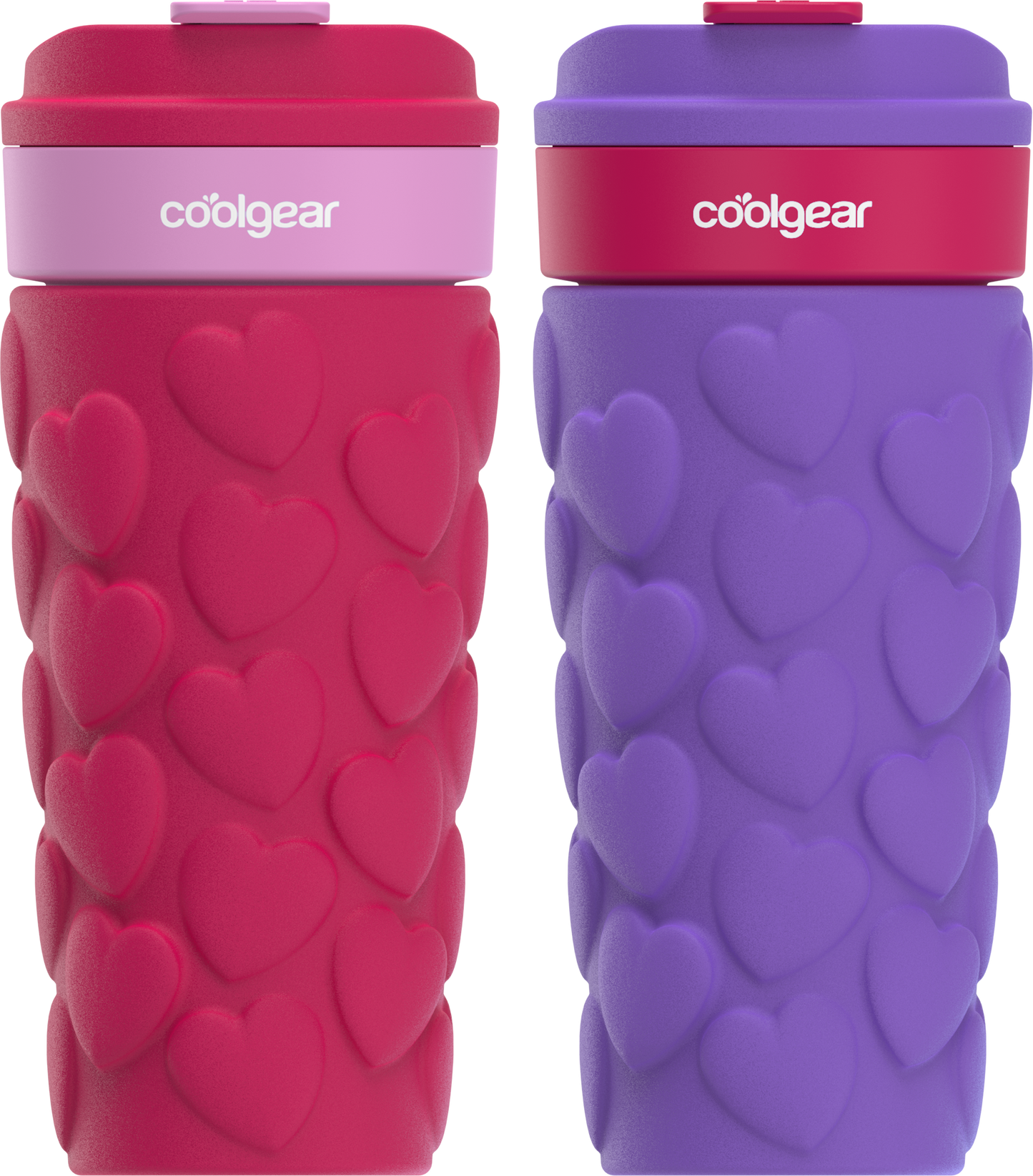 COOL GEAR 2-Pack 20oz Go Grip Coffee Mug, Heart and Gummy Bear Pattern Reusable Travel Mug, BPA Free Lid, Hot and Cold Beverages