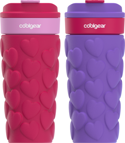 COOL GEAR 2-Pack 20oz Go Grip Coffee Mug, Heart and Gummy Bear Pattern Reusable Travel Mug, BPA Free Lid, Hot and Cold Beverages
