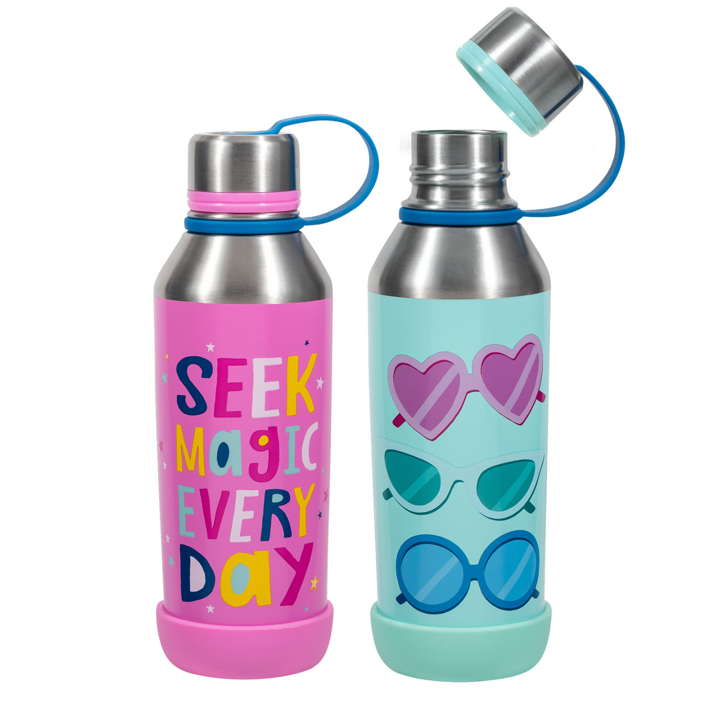 Cool Gear 2-Pack Kids Stainless Steel Double Walled Vacuum Insulated Tyler Bottle, Bumper Included with Threaded Lid Loop, 14 Oz