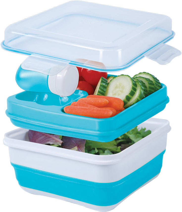 COOL GEAR 2-Pack Large Expandable To-Go Salad Kit Lunch Containers - Rectangle & Square - 52 oz Bowl with 3 Compartments for Salad Toppings and 2 oz Salad Dressing Bottle | Leakproof, Bento Meal Prep