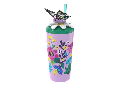 Cool Gear 4-Pack 18 oz Fun Toppers Butterfly Character Lid Tumblers with straw included | Durable, Reusable Water Bottle Gift for Kids, Adults