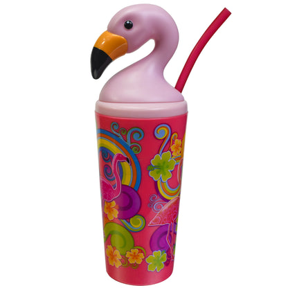 Cool Gear 4-Pack 18 oz Fun Toppers Flamingo Tumblers with Twist Lid and Reusable Straw |  Wide Mouth, Spill-Proof Water Bottle for All Ages