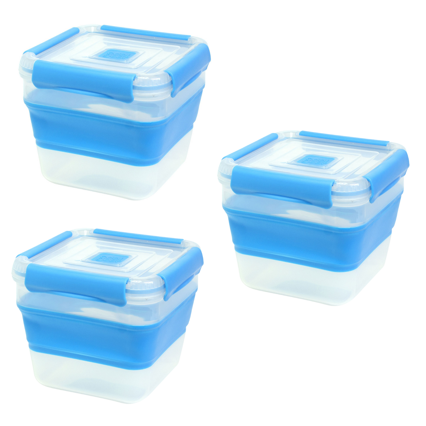 COOL GEAR 3-Pack Collapsible 7.5 Cup Square Food Container | Dishwasher and Microwave Safe | Perfect for On The Go Lunches and Leftovers | Expands to Hold 2x More | Air Tight Snaps Keeps Food Fresh