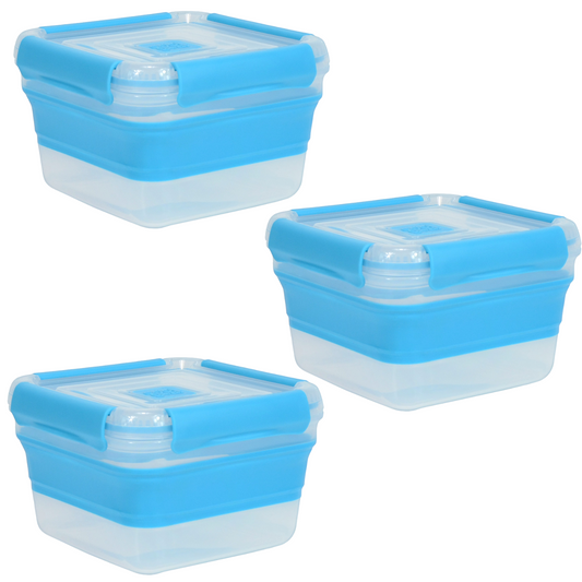 COOL GEAR 3-Pack Collapsible 5.5 Cup Square Food Container | Dishwasher and Microwave Safe | Perfect for On The Go Lunches and Leftovers | Expands to Hold 2x More | Air Tight Snaps Keeps Food Fresh