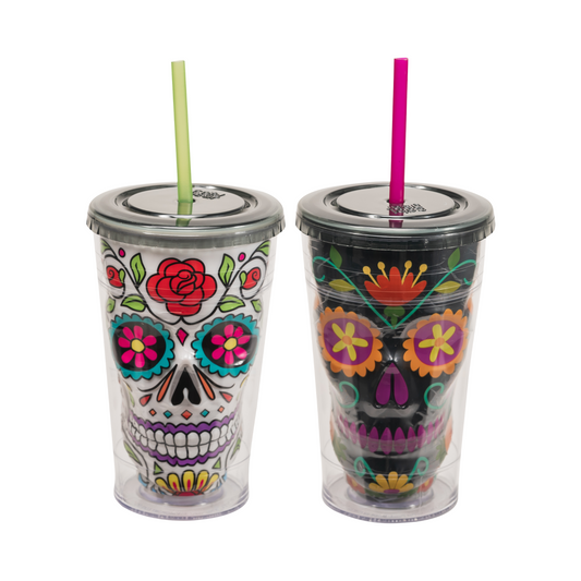 COOL GEAR 2-Pack 18 oz Skull Chiller Tumbler | Black & White Sugar Skull Design Tumblers with Twist Off Lid and Straw
